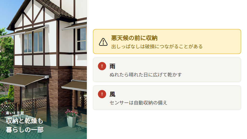 テラス屋根とオーニングの手間と注意点を比較した図解