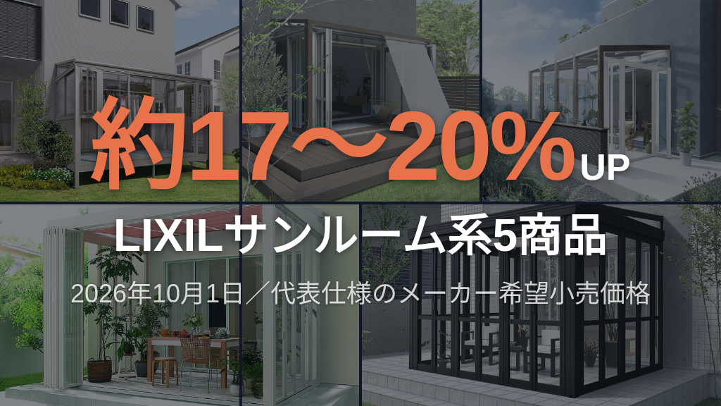 2026年10月にLIXILサンルーム系5商品の定価が約17から20パーセント改定されることを示す図